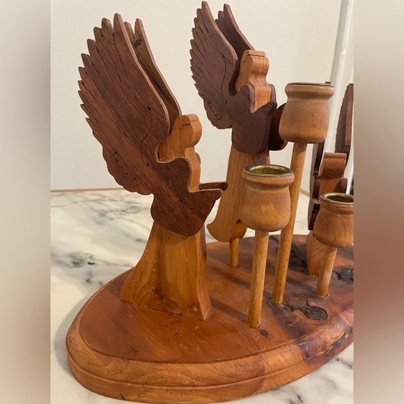Primitive Wooden Hand Made Triple Angel Taper Candle Stick Holder - Picture 8 of 12